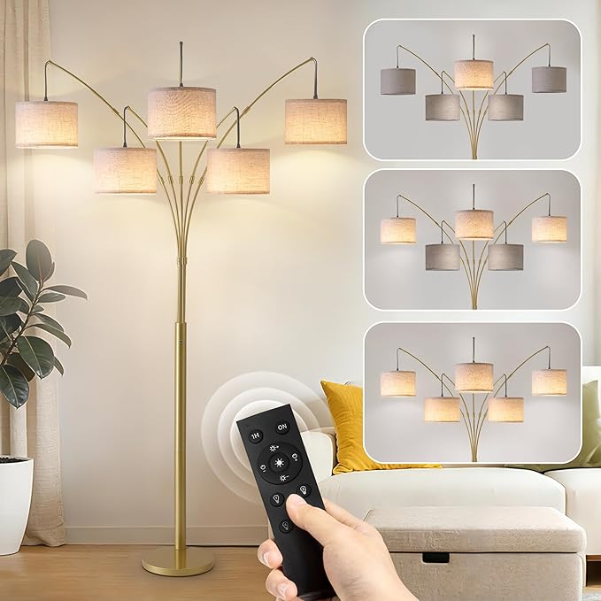 Fansdrick Gold Floor Lamps for Living Room, 4000LM Super Bright Arc Floor Lamp with Remote Control, Large Tall Floor Lamps with Stepless Dimmable, 80" Mid Century Tree Floor Lamp for Bedroom, Office