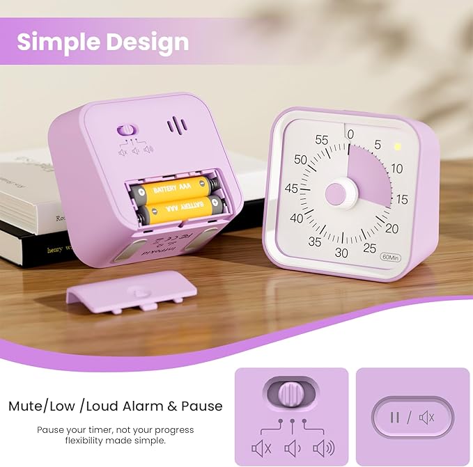 InfPokid Visual Timer for Kids with Pause Function, 60 Minute Countdown Timer for Kids Desk Study, Teaching, Kitchen Cooking, Office Meetings, Time Management for ADHD (Purple)