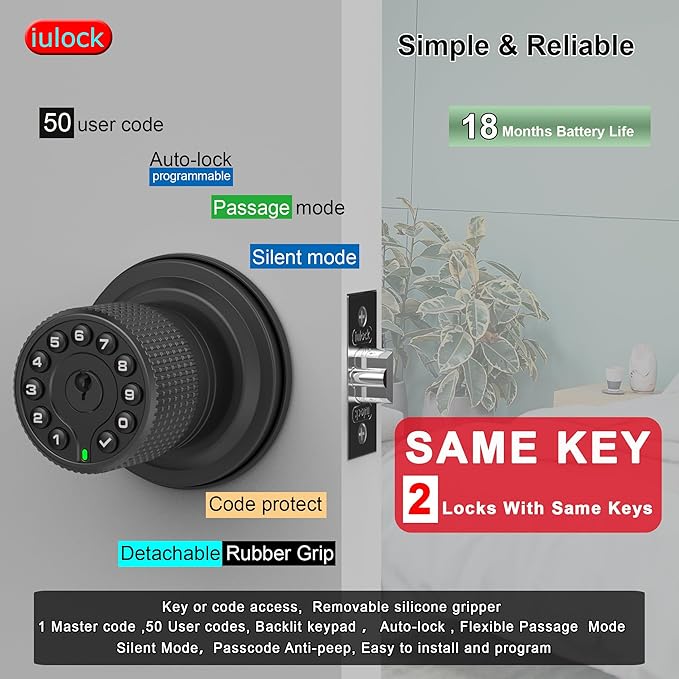 iulock Smart Door Knob with Keypad and Key,Keyless Entry Door Lock with Rubber Grip, Auto Lock,50 User Code,Waterproof, Easy to Install and Program for Bedroom (Matte Black Same Key 2 Pack)