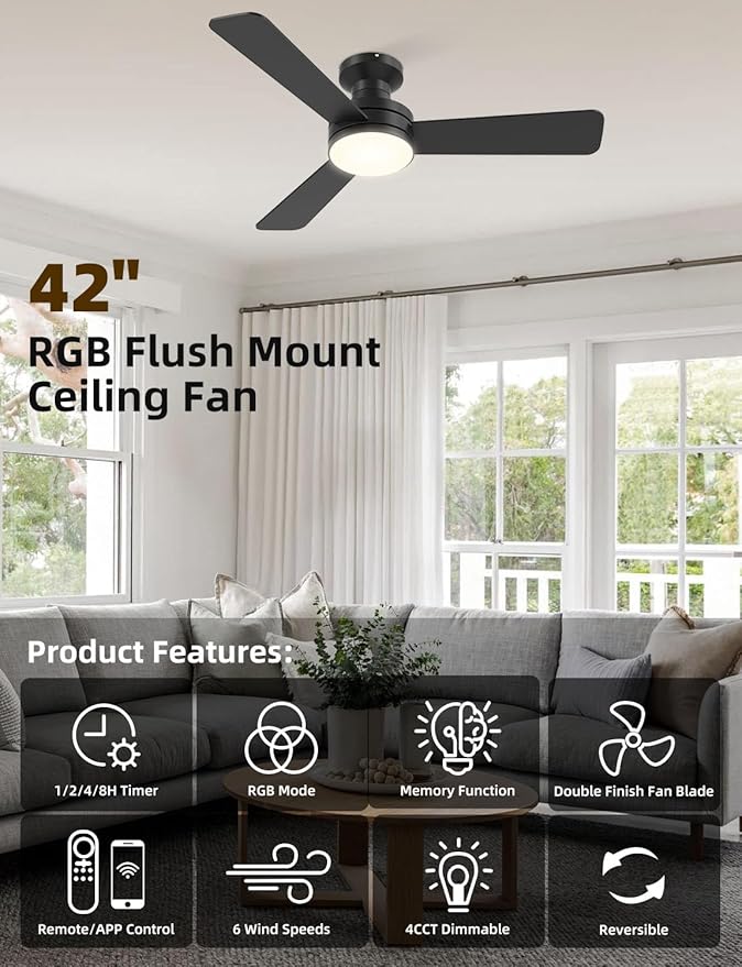 Homlit 42 inch RGB Ceiling Fan with Light, Smart App & Remote Control Low Profile Flush Mount, Music Sync Lighting, 6-Speed Quiet Reversible DC Motor, 4CCT Dimmable for Home Office Party,Black