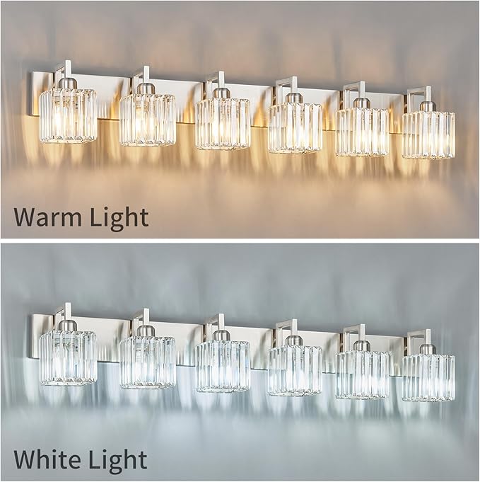 FDPBY Modern Bathroom Vanity Light 6-Lights Brushed Nickel Vanity Light Crystal Wall Light Bathroom Light Fixtures