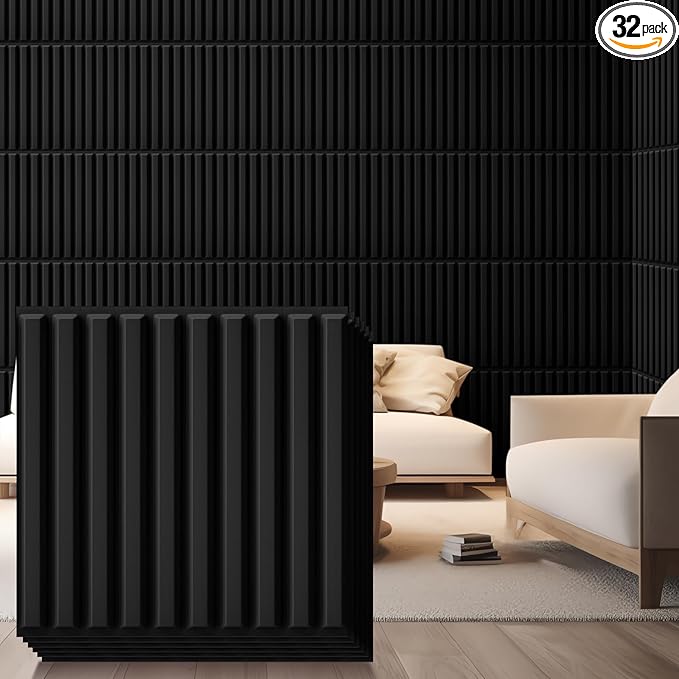 Nuanchu 32 Pcs 3D Slat Wall Panels 12 x 12 Inch PVC Fluted Textured Panel Cuttable Paintable DIY Wall Art Decorative Tiles for Ceiling Studio Bathroom Interior TV Background (Black)