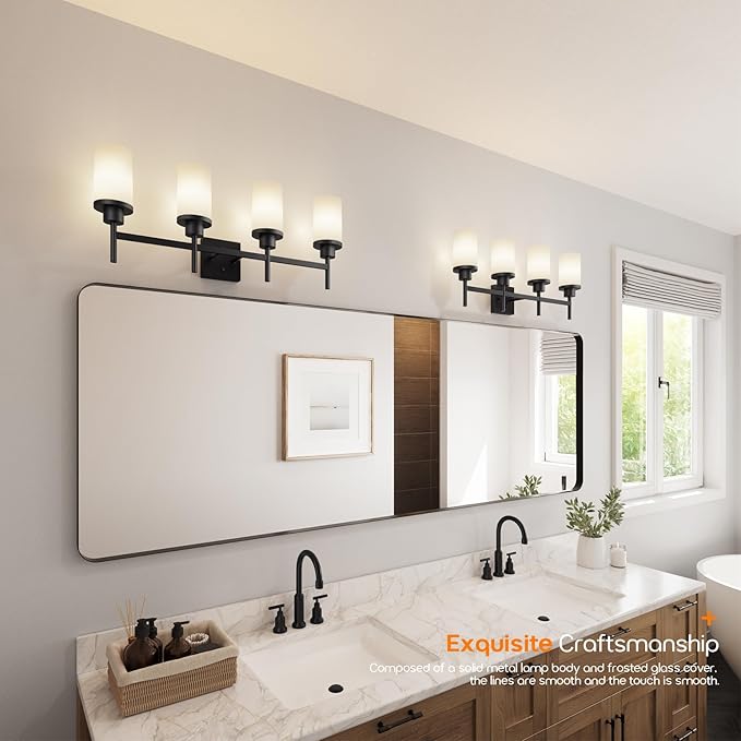 AONEON Wall Light Fixtures 4-Light Over Mirror, Matte Black Vanity Lights with White Frosted Glass Shade, Wall Sconces for Bathroom Kitchen T001MB-L4