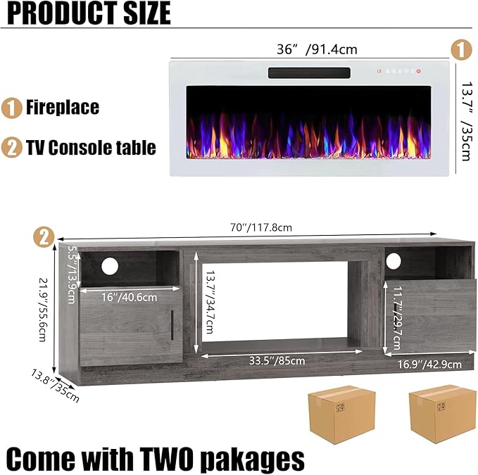 VITESSE TV Stand Fireplace with 36" inch Electric Fireplace Up to 80" TVs, LED Light Entertainment Center, 70" Modern Wood High Gloss with Highlight Storage Cabinet for Living Room (Gray)