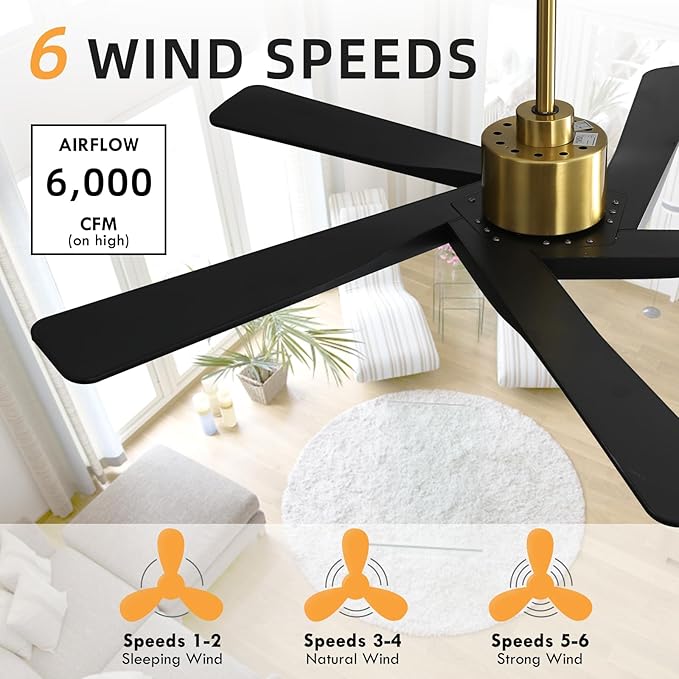 WINGBO 54" ABS DC Ceiling Fan No Light, 5 Blade ABS Plastic Ceiling Fan with Remote, 6-Speed Reversible DC Motor, Ceiling Fans without Light for Kitchen Bedroom Living Room, Brass and Matte Black
