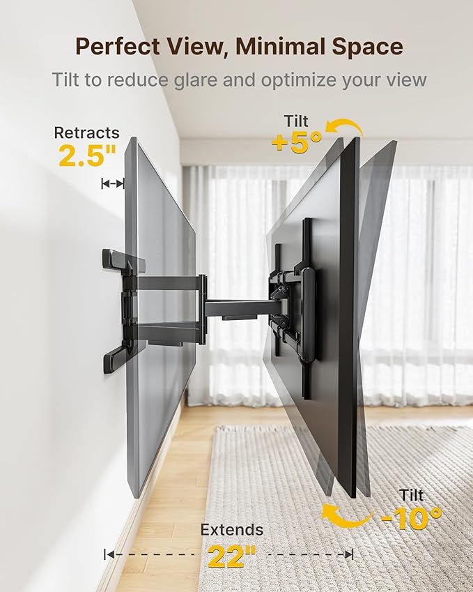 monTEK Full Motion TV Wall Mount for 43"–95" TVs, Pre-Assembled & up to150lbs, Heavy Duty TV Mount Bracket with Tool-Free Tilt/Swivel/Extension, Max VESA 800x400, Fits 16"/18" Studs, HW1242BK
