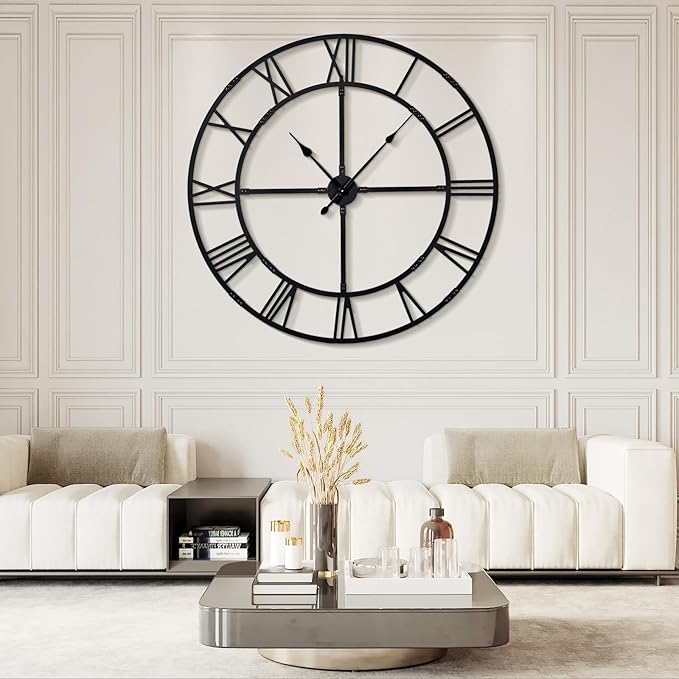 Ohweog Large Wall Clock for Living Room Decor – 60 Inch Silent Non-Ticking Modern Farmhouse Wall Clock, Oversized Decorative Metal Roman Numeral Clock (Pure Black, 60 Inch)