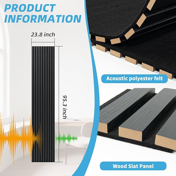 Art3d 2-Pack Acoustic Wood Slat Wall Panel with Roll-Flat Design - 95.3 x 23.8 Inch Sound Absorbing Panels for Living Room Columns Corridor Curved Wall Decor, Blackwood