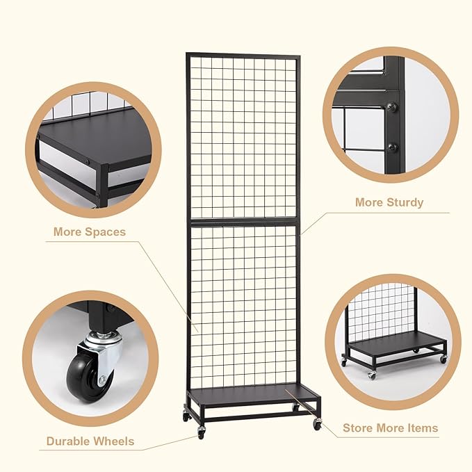NectaCol Grid Wall Panels, 2'x 6' Gridwall Panel Display Stand with Baseplate, Black Wire Grid Wall Display Rack, Grid Panels for Display, Retail Display Stand - 2 Packs