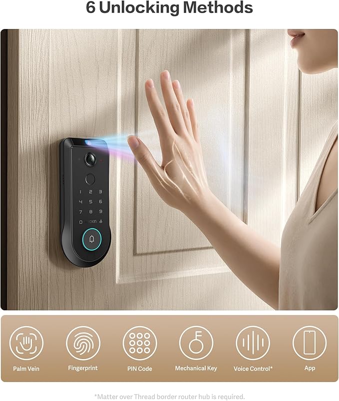 Lockin Veno Pro Smart Deadbolt Lock with Dual Swappable Batteries for 6-Month Extended Power, Palm Vein & Fingerprint Keyless Entry, Built-in Wi-Fi, Doorbell, App Remote Control, IP65 Waterproof