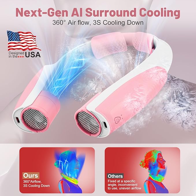Slientspin AI Portable Neck Fan with 6 Powerful Speeds, 8000mAh Battery Operated USB-C Rechargeable Fan, Hands-Free 360° Cooling Personal Fan Neck for Women Mother Office Concerts Travel Beach(Pink)