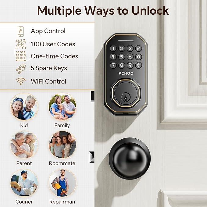 VCHOO Keyless Entry Door Lock Set WiFi Smart App Control Door Lock for Front Door Keypad Deadbolt with 2 Knobs Auto Lock One Time Codes Easy Install, Bronze