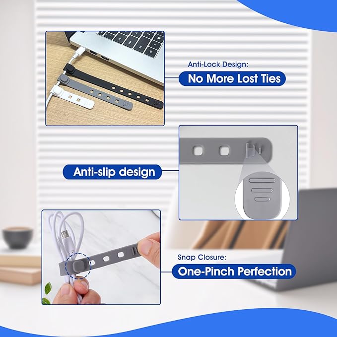 AROIC 60Pcs Silicone Cable Ties, 5-Colors Reusable Cord Organizer for Phone Charger & Data Cables - Home Office Travel Essentials, Under Desk Cable Management, Wire Holder for Computer, Kitchen