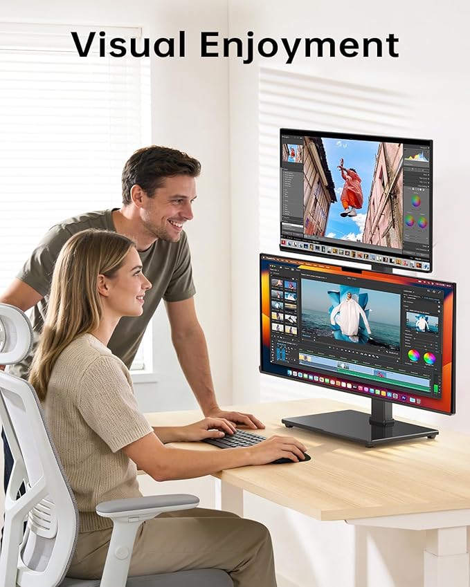 Dual Monitor Stand, FreeStanding Desk Stand for Two 13-32 inch Screens, Vertical Monitor Riser with Swivel, Tilt, Rotation, 4 Height Options, Holds One (1) Screen Up to 77Lbs, VESA 75x75mm/100x100mm