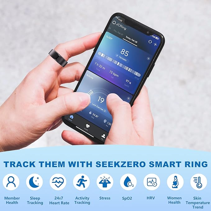 SEEKZERO Smart Ring for Women Men, Titanium Fitness Ring with Heart Rate, Stress & Sleep Monitoring,Step & Calorie Counter, 5ATM Waterproof for iPhone and Android,No Subscription Fee (Black, 11)