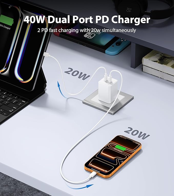[2-Pack] USB C Charger Block 40W, Dual Port 20W PD 3.0 Type C Fast Wall Charger,Durable Compact Power Adapter for iPhone 13/14/15/16/17 Pro Max Plus,iPad,AirPods4,Samsung S25/S24,Watch(White)