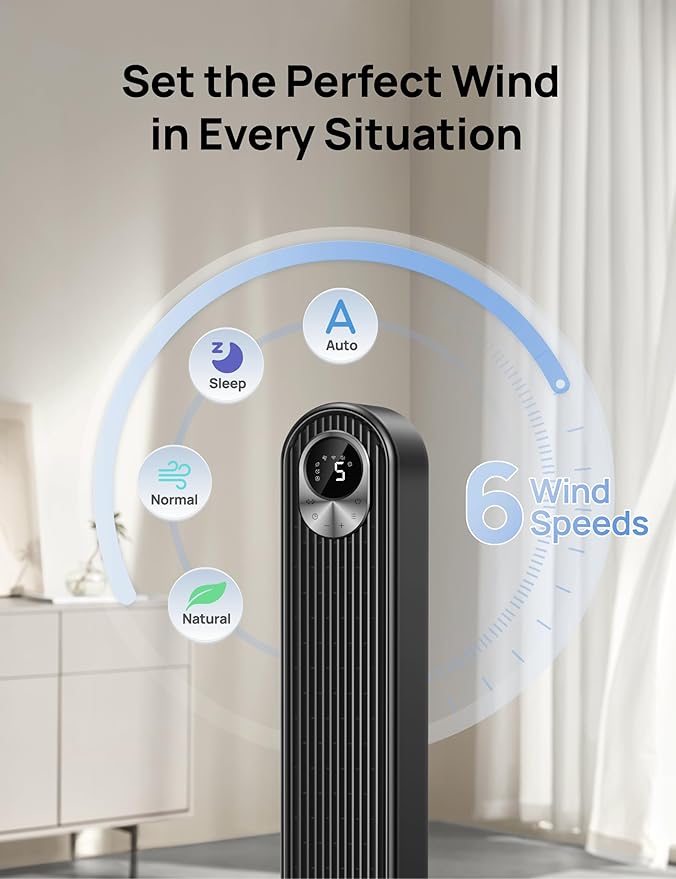 Dreo Smart Tower Fan WiFi Voice Control, Works with Alexa/Google, Cruiser Pro T1S Floor Standing Bladeless Oscillating Fan with Remote, 6 Speeds, 4 Modes, 12H Timer, for Indoor Bedroom Home Office