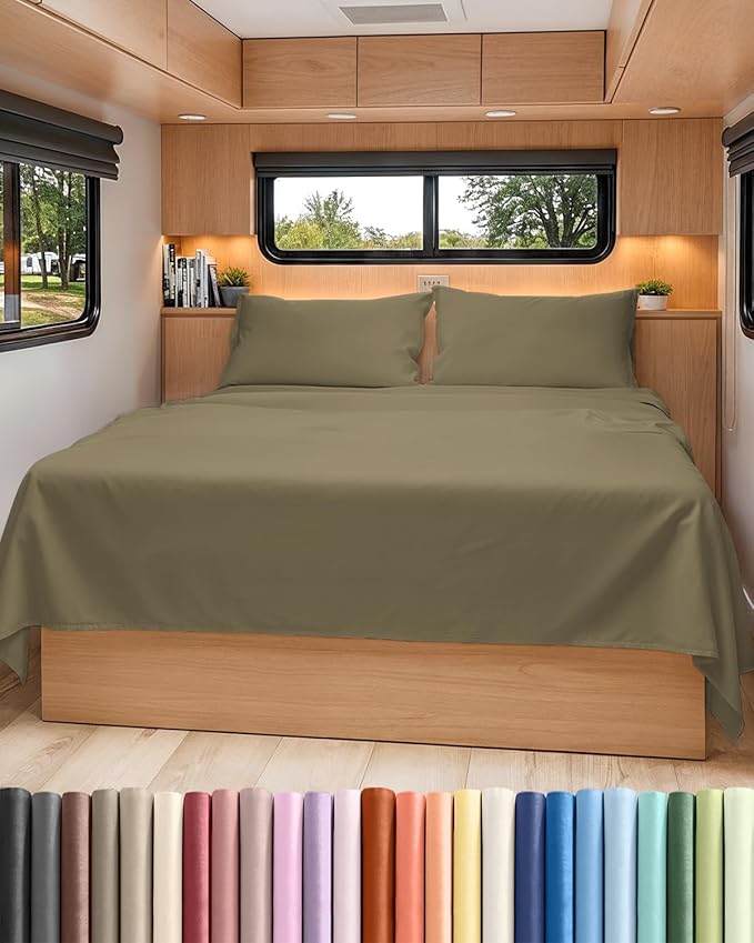 RV Short Queen Sheet Set 60 X 75 - 4 Piece RV Short Queen Bed Sheets - Soft, Breathable & Cooling - Designed for Bunks, Trailers and Campers - Fits 8” to 12" Mattress - Hotel Luxury Bedding - Khaki