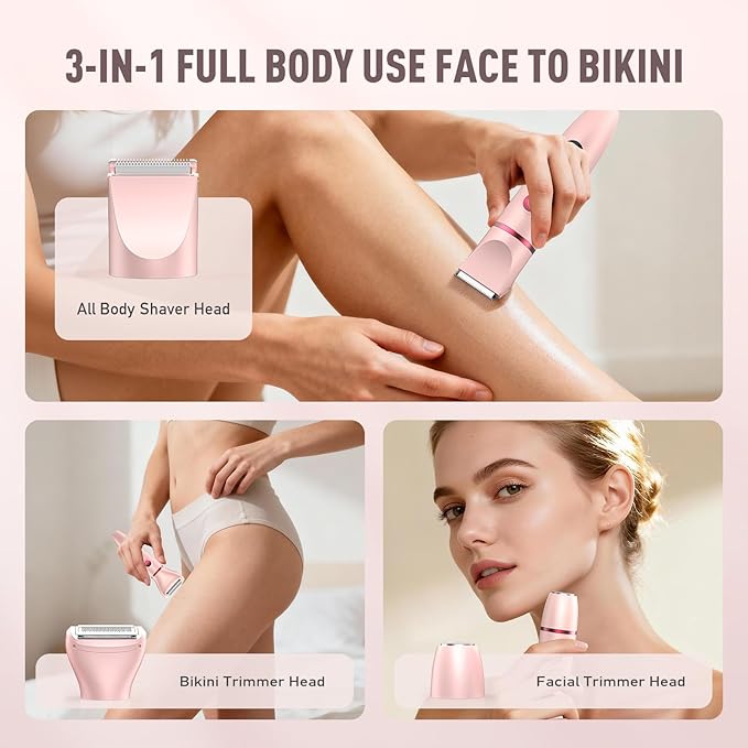 Crolanli Bikini Trimmer for Women, 3-in-1 Electric Razors for Women, IPX7 Waterproof Rechargeable Cordless Pubic Hair Shaver, with LED Display, for Ladies Bikini Pubic, Face, Underarms, Legs(Pink)