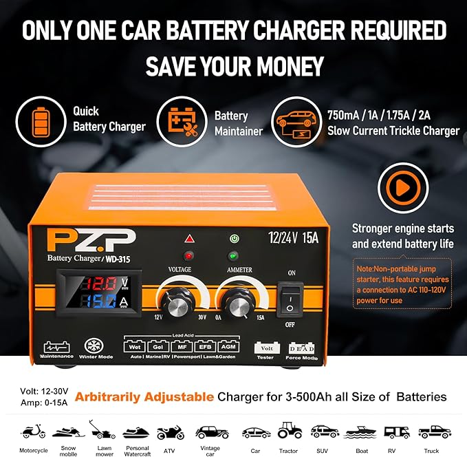 12V 24V Manual Battery Charger Maintainer, 0 to 15A Arbitrarily Adjustable Car Battery Trickle Charger, Battery Desulfator with Repair, Winter Mode, Suitable for AGM Gel Deep Cycle Truck RV ATV