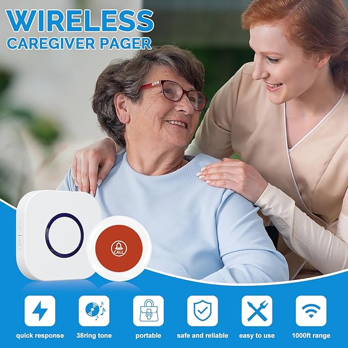 Caregiver Pager Wireless Emergency Button with SOS Alert for Seniors at Home - 38 Melodies 1000+ Feet Range for Elderly Patient Disabled Home Care Life Alert - 1 Plugin Receiver + 1 Transmitter White