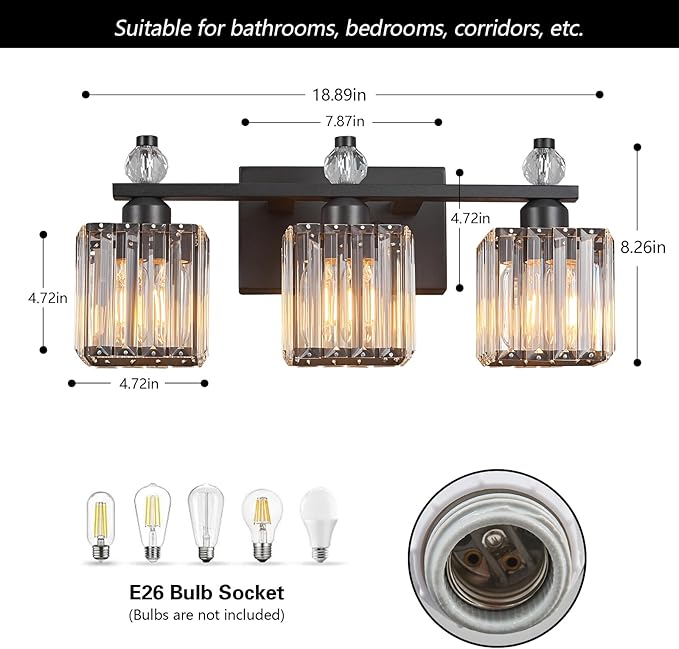 FDPBY Sand Black Bathroom Vanity Lights Crystal Vanity Light Bathroom Lighting Fixtures 3 Light Modern Vanity Lighting Fixtures