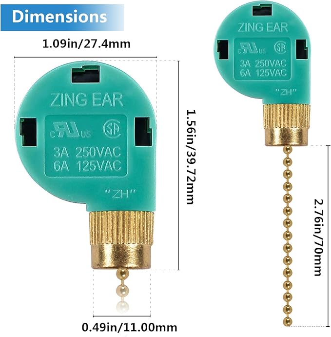 Zing Ear ZE-268S6 3 Speed Ceiling Fan Switch, Pull Chain Cord Switch, Compatible with Hunter Ceiling Fans, Appliances, Replacement Speed Control (Brass Pull Chain)