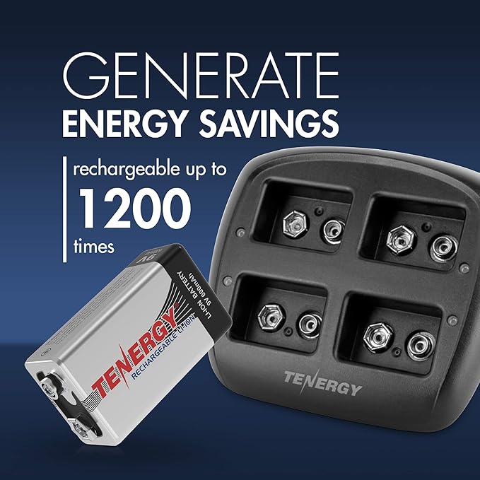 Tenergy TN294 4-Bay 9V Li-ion Battery Charger + 4pcs 9V 600mAh Li-ion Rechargeable Battery