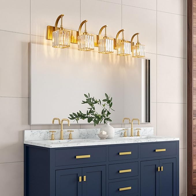 FDPBY 5-Light Crystal Vanity Light, Modern Gold Bathroom Wall Sconce with K9 Crystal Shades, 42.51" Long Over Mirror Lighting for Vanity, Makeup, Hallway, Elegant & Easy Installation