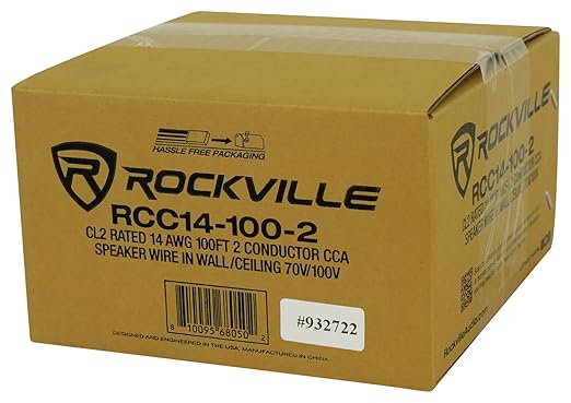 Rockville RCC14-100-2 14 AWG 100ft CCA Speaker Wire, CL2 Rated, in-Wall Ceiling, 70V Compatible, Flexible PVC Jacket, 2-Conductor Design, for Home Theater and Commercial Audio