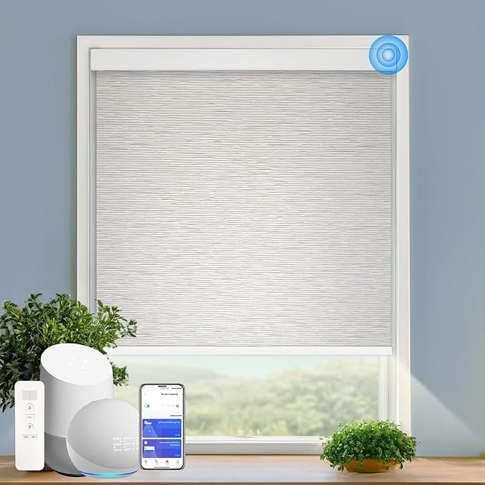 COOLWINDS Motorized Blinds with Remote Cordless Automatic Motorized Shades Custom Blinds for Windows Smart Curtains Compatible with Alexa Google Home(Light Filtering Jacquard Beige,W57 x H72in)