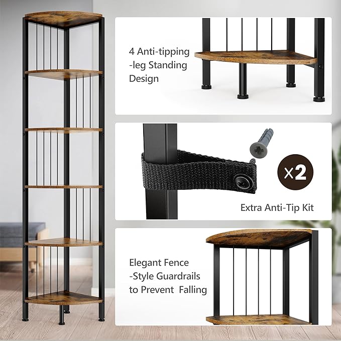 MonaSixy 6 Tier Corner Shelf with Light, Music Synic 60000 DIY LED Color Smart Remote Tall Display Shelves Corner Shelf Stand Bookshelf Wood Rack Metal Frame for Living Game Room Bedroom, Rustic Brown