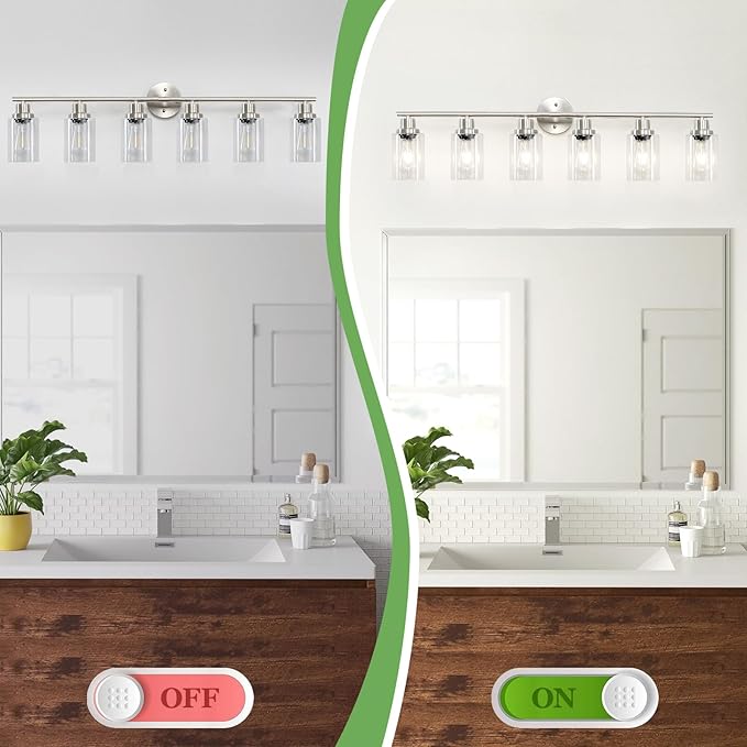 Guliaofo 6-Light Nickel Bathroom Vanity Lights, E26 Modern Bathroom Light Fixtures with Clear Glass Shade, Wall Lamps for Mirror Hallway Kitchen Cabinet Living Room Sconces Lights