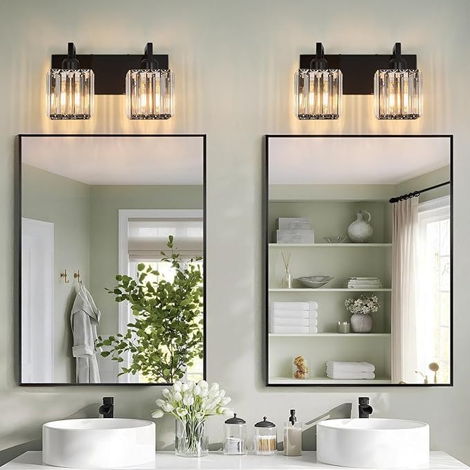 FDPBY Modern Bathroom Vanity Light 2-Lights Plating Black Vanity Light Crystal Wall Light Bathroom Light Fixtures