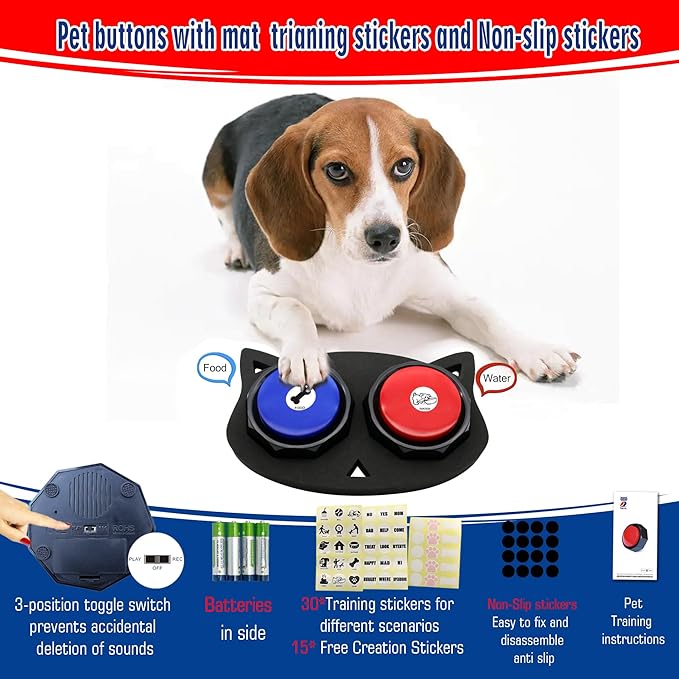 ANLIKY Dog Communication Sound Buttons with Mat, 30 Scene Training Stickers,15 Custom Stickers, Training Instructions, Material Safety, Contains AAA Batteries