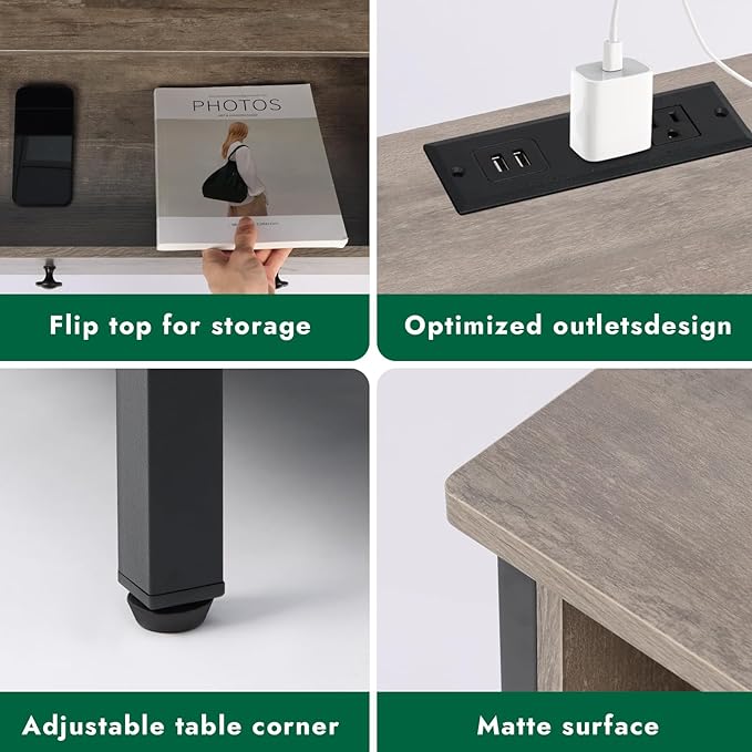 Tykacna 27 Inch Wide Night Stand, Large Wood Night Stand with 2 Drawers, LED Nightstand with Charging Station and Adjustable Drawer, Bedside Table for Living Room/Bedroom/Study/Office, Gray.