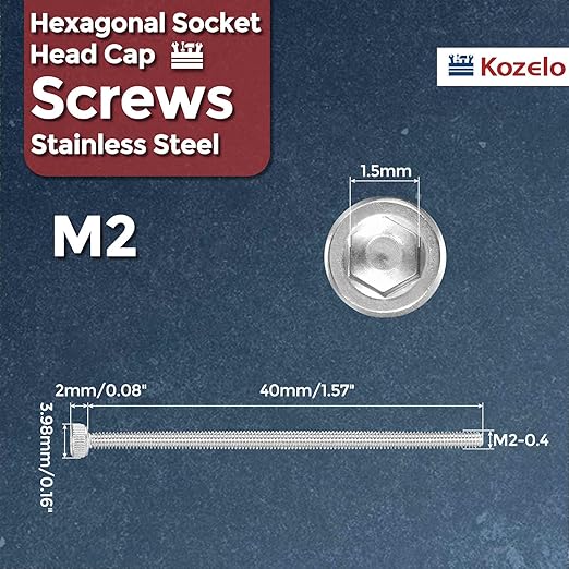 Kozelo 20pcs Socket Head Cap Screws - [M2-0.4 x 40mm] 304 Stainless Steel Allen Socket Drive for Electrical Motor 3D Printing Fan Engine Replacement Use, Silver