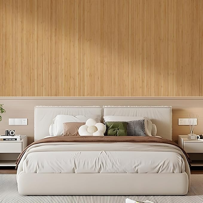 OUZUGIE 1 Pack 96x48 Inch Natural Bamboo Wall Panel – Twinned Carbides Pole Wrap Paneling for Walls, Ceilings, Cabinets, Furniture – Ideal for Bedroom, Living Room & Office DIY Decor