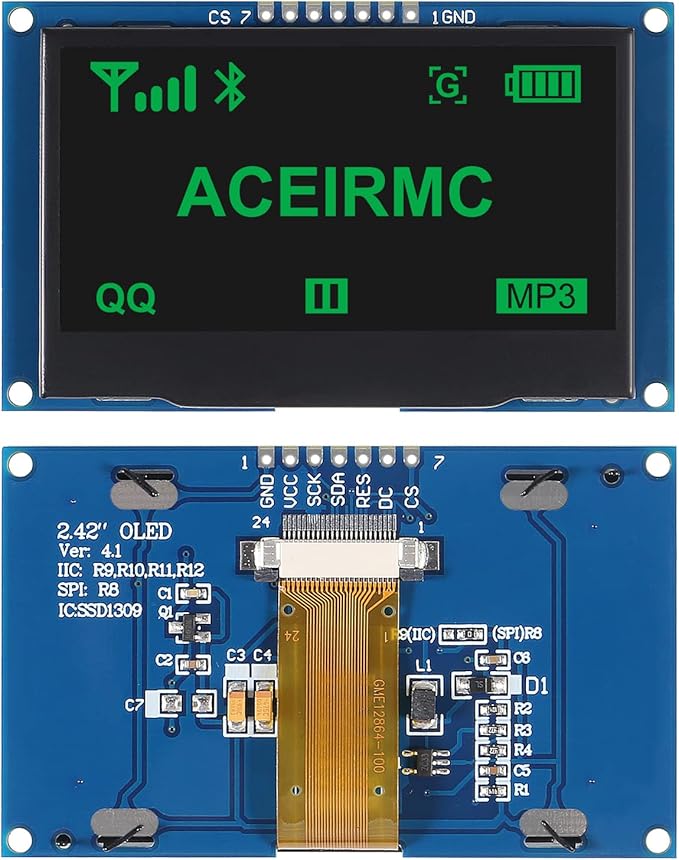 ACEIRMC 2.42 inch 128x64 OLED LCD Display Module SSD1309 7 Pin SPI/IIC I2C Serial Interface for Arduino UNO R3 (Green)