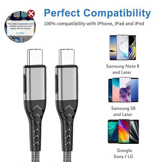 Durcord USB C to USB C Cable, 2Pack 60W 10ft USB C Charger Cable Fast Charging for Android Phone Pad, Type C to Type C Charger Braided USB Cable Compatible with iPhone 15/Pro/Plust/Max Silver
