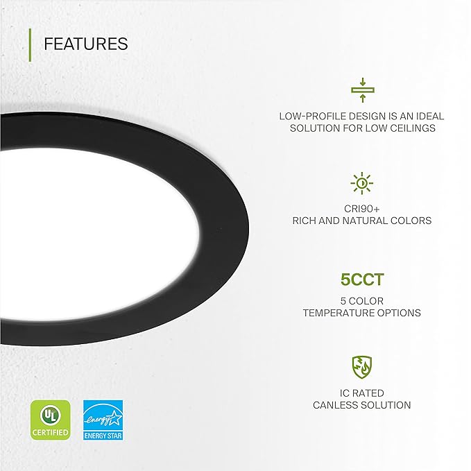 ASD 6 Pack LED Recessed Lighting 6 Inch 15W, 5 CCT 2700K-5000K CRI90+, IC Rated Ultra Thin Dimmable Ceiling Lights with J Box, Canless Wafer Downlight, Round Slim Panel Light, UL Energy Star, Black