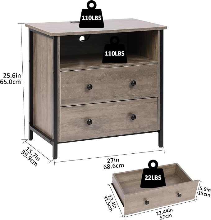Tykacna 27 Inch Wide Night Stand, Large Wood Night Stand with 2 Drawers, LED Nightstand with Charging Station and Adjustable Drawer, Bedside Table for Living Room/Bedroom/Study/Office, Gray.