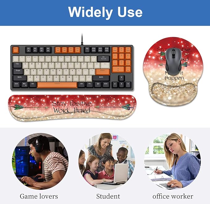 Keyboard Wrist Rest + Mouse Pad Wrist Support Set with Coasters, Stay Positive Work Hard and Make It Happen Inspirational Quote Wrist Mouse Pad with Non-Slip PU Base for Home Office Working Studying