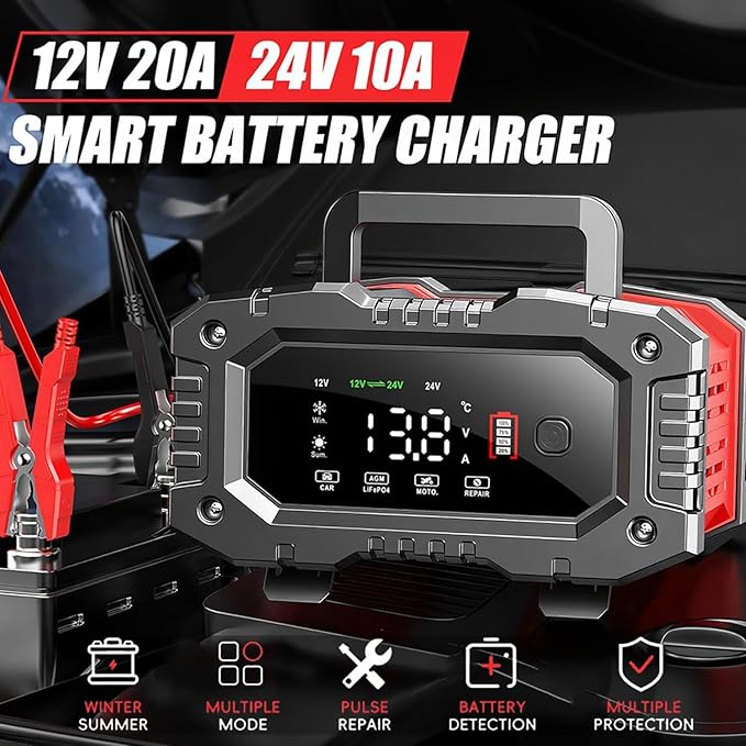 Car Battery Charger 20Amp, 12V 24V LiFePO4 Lead Acid Automatic Smart Battery Maintainer,Trickle Charger Automotive & Desulfator, Repair & Winter Mode w/Protections For AGM STD Gel Deep Cycle Batteries