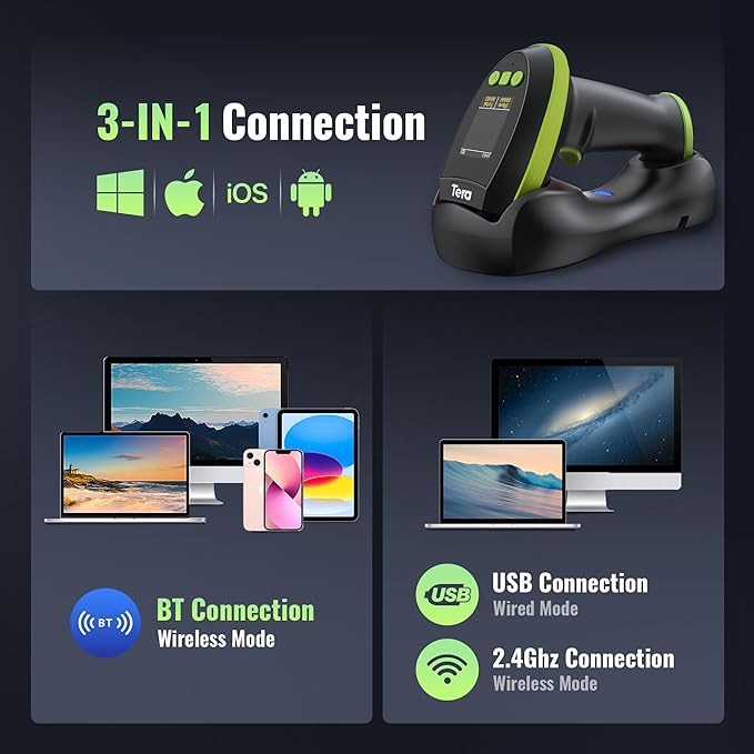 Tera Barcode Scanner Wireless with Screen: Pro Version 1D 2D QR with Setting Keypad Charging Cradle Works with Bluetooth 2.4G Wireless USB Wired Handheld Bar Code Reader HW0009 Green
