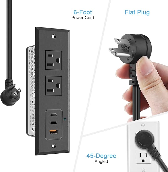 CCCEI Recessed Power Strip with Two USB-C Ports, Fast Charging USB A Port Desk Outlet, Black Furniture Hidden Charging Station for Side Table, End Table, with 6 FT 45 Degree Flat Plug Extension Cord.