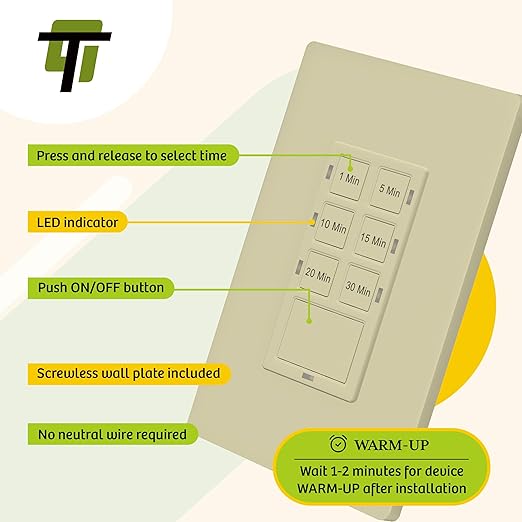 TG 30-Minute Countdown Timer Switch, 1-5-10-15-20-30 Min, for Bathroom Fans, Heaters, Lights, LED Indicator, 120VAC 800W, No Neutral Wire Required, UL Listed, Screwless Wall Plate, Ivory