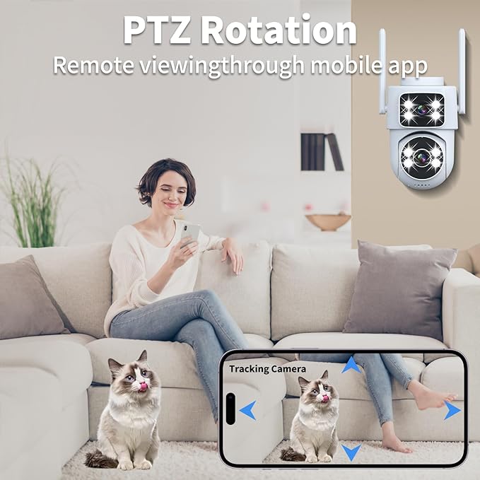 DZCCTVIPC Dual-Lens 2K Smart Indoor/Outdoor Security Camera, 5GHz Wi-Fi, 360° AI Motion Tracking,Color Night Vision,IP65 Weatherproof, 2-Way Audio,24/7 Recording,Works with Alexa & Google (No SD Card)