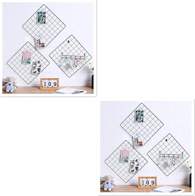 Feadily 6 Pack Metal Grid Panel, 13.8" x 13.8" Black Wire Grid Wall Organizer for Photos, Notes & Decor, Include 2 Hook Racks