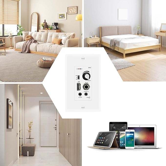 PNWCZ Wall Amplifier Compatible with Bluetooth 4 Channels Volume Control Wall Plate with USB/MIC/AUX(3.5mm) Inputs Terminal Block Connect 4 Speakers